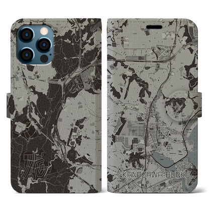 【金沢文庫（神奈川県）】地図柄iPhoneケース（手帳タイプ）モノトーン・iPhone 12 / 12 Pro 用