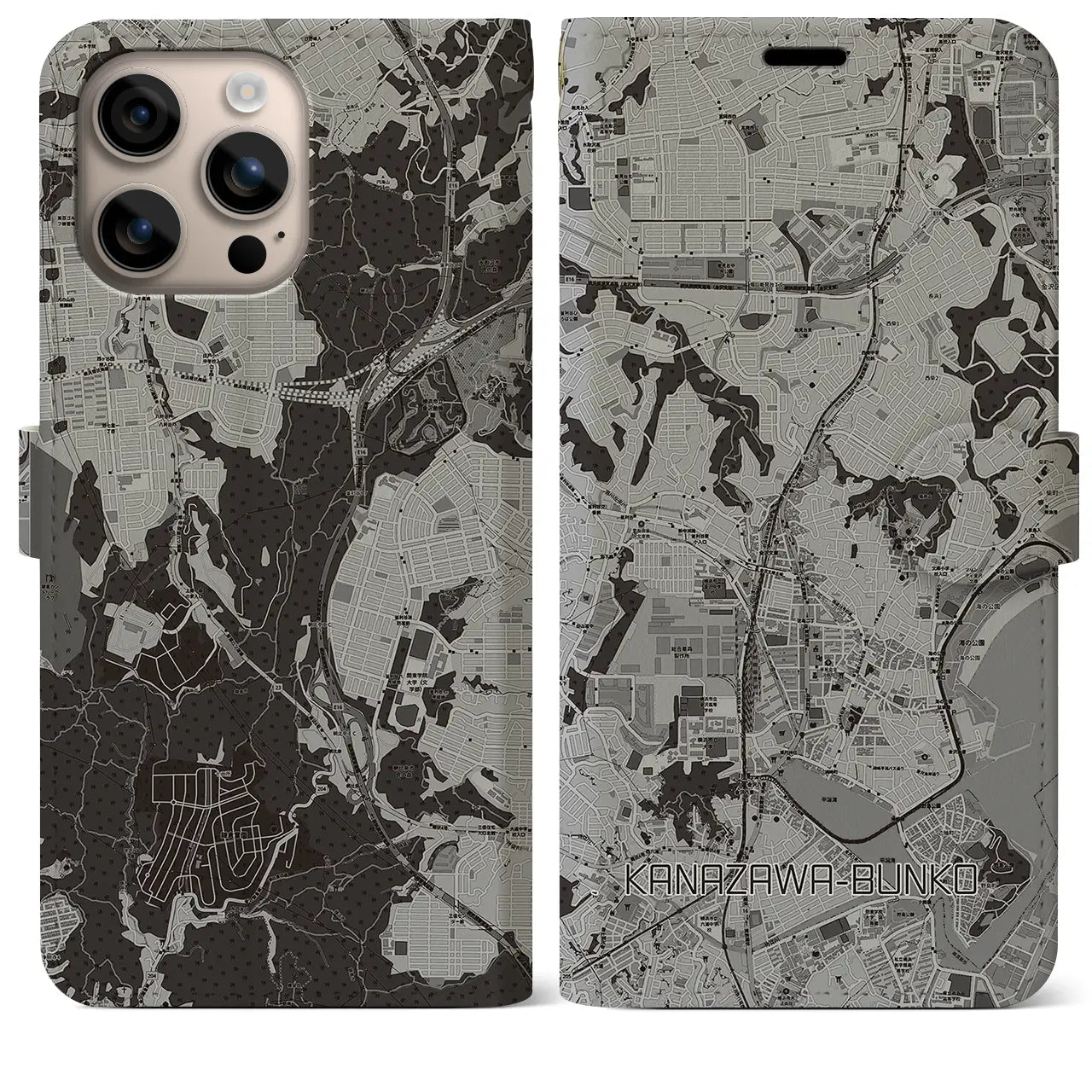 【金沢文庫（神奈川県）】地図柄iPhoneケース（手帳タイプ）モノトーン・iPhone 16 Plus 用