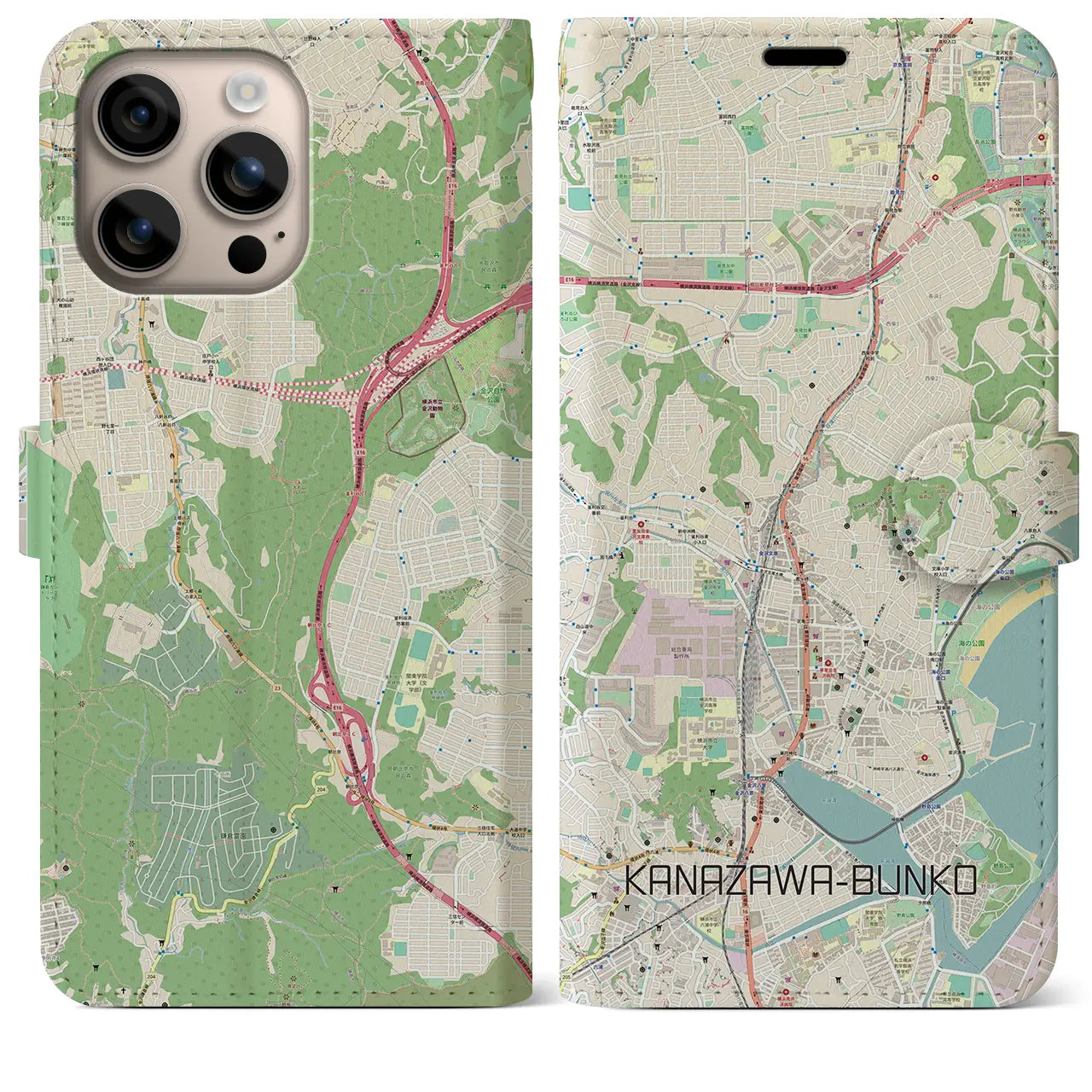 【金沢文庫（神奈川県）】地図柄iPhoneケース（手帳タイプ）ナチュラル・iPhone 16 Plus 用