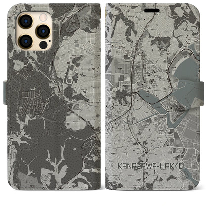 【金沢八景（神奈川県）】地図柄iPhoneケース（手帳タイプ）モノトーン・iPhone 12 Pro Max 用