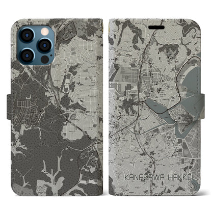 【金沢八景（神奈川県）】地図柄iPhoneケース（手帳タイプ）モノトーン・iPhone 12 / 12 Pro 用