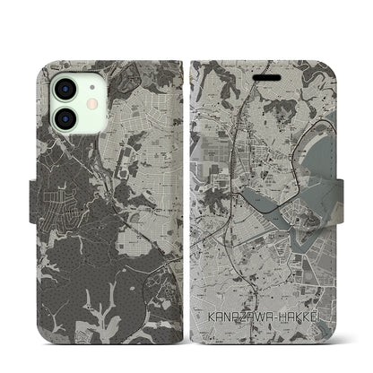 【金沢八景（神奈川県）】地図柄iPhoneケース（手帳タイプ）モノトーン・iPhone 12 mini 用