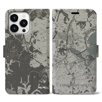 【金沢八景（神奈川県）】地図柄iPhoneケース（手帳タイプ）モノトーン・iPhone 13 Pro 用