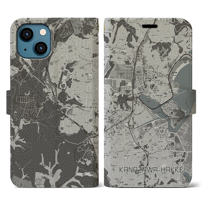 【金沢八景（神奈川県）】地図柄iPhoneケース（手帳タイプ）モノトーン・iPhone 13 用