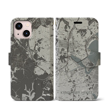 【金沢八景（神奈川県）】地図柄iPhoneケース（手帳タイプ）モノトーン・iPhone 13 mini 用