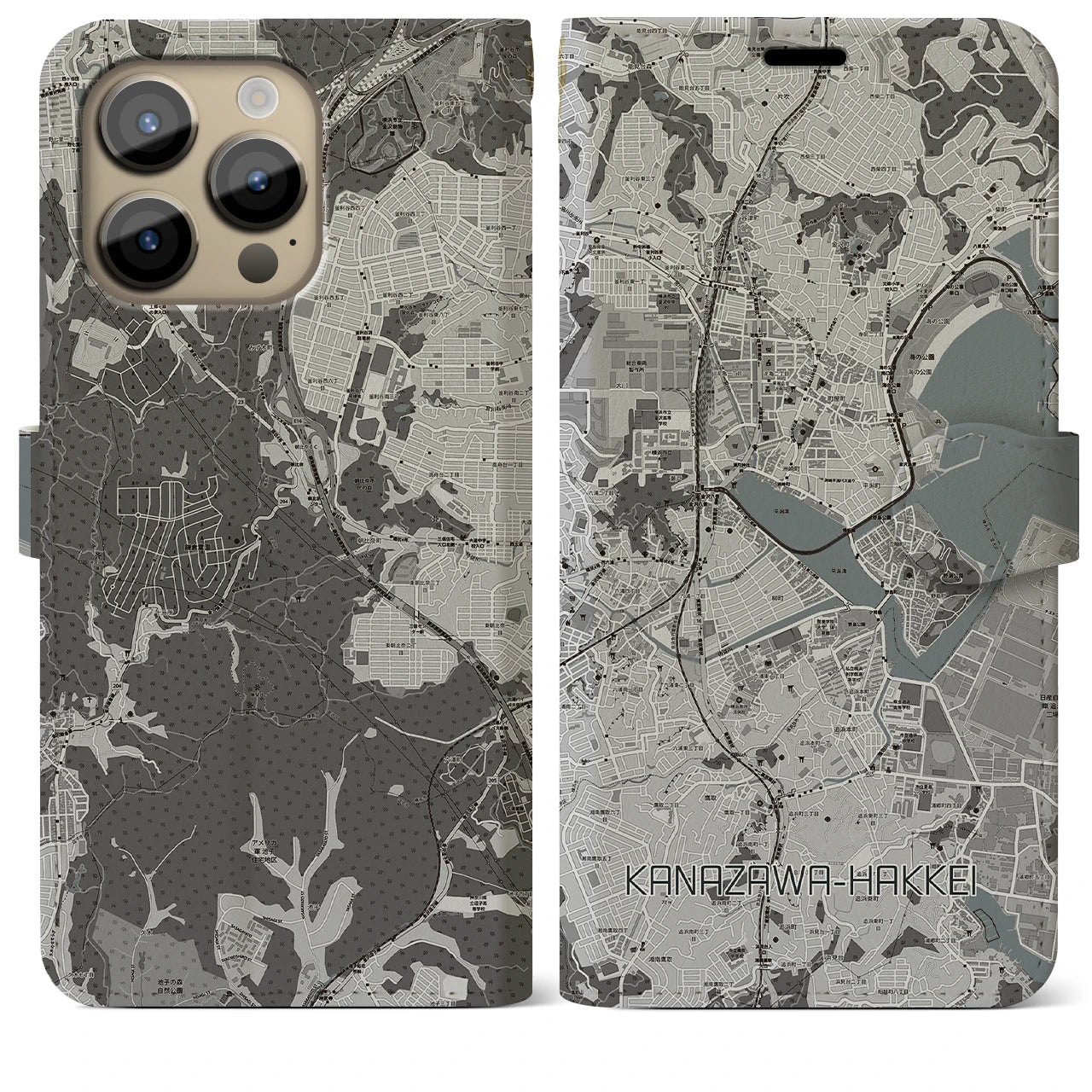 【金沢八景】地図柄iPhoneケース（手帳両面タイプ・モノトーン）iPhone 14 Pro Max 用