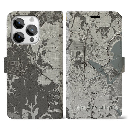 【金沢八景（神奈川県）】地図柄iPhoneケース（手帳タイプ）モノトーン・iPhone 14 Pro 用