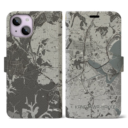 【金沢八景（神奈川県）】地図柄iPhoneケース（手帳タイプ）モノトーン・iPhone 14 用