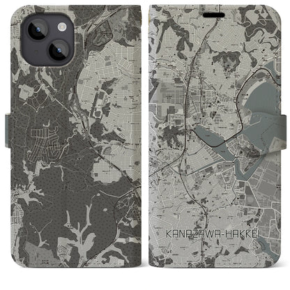 【金沢八景（神奈川県）】地図柄iPhoneケース（手帳タイプ）モノトーン・iPhone 14 Plus 用