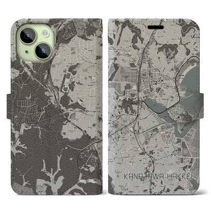 【金沢八景（神奈川県）】地図柄iPhoneケース（手帳タイプ）モノトーン・iPhone 15 用