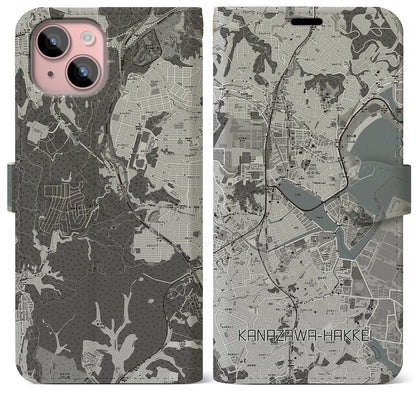 【金沢八景（神奈川県）】地図柄iPhoneケース（手帳タイプ）モノトーン・iPhone 15 Plus 用