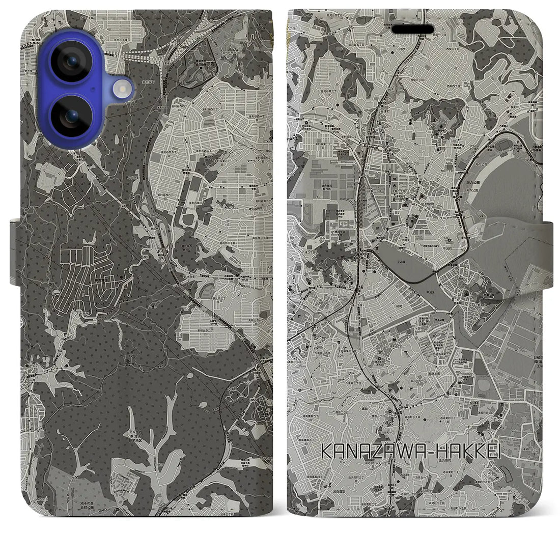 【金沢八景(神奈川県)】地図柄iPhoneケース(手帳タイプ)モノトーン・iPhone 16 Pro Max 用