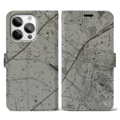 【金沢（石川県）】地図柄iPhoneケース（手帳タイプ）モノトーン・iPhone 14 Pro 用