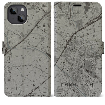 【金沢（石川県）】地図柄iPhoneケース（手帳タイプ）モノトーン・iPhone 14 Plus 用