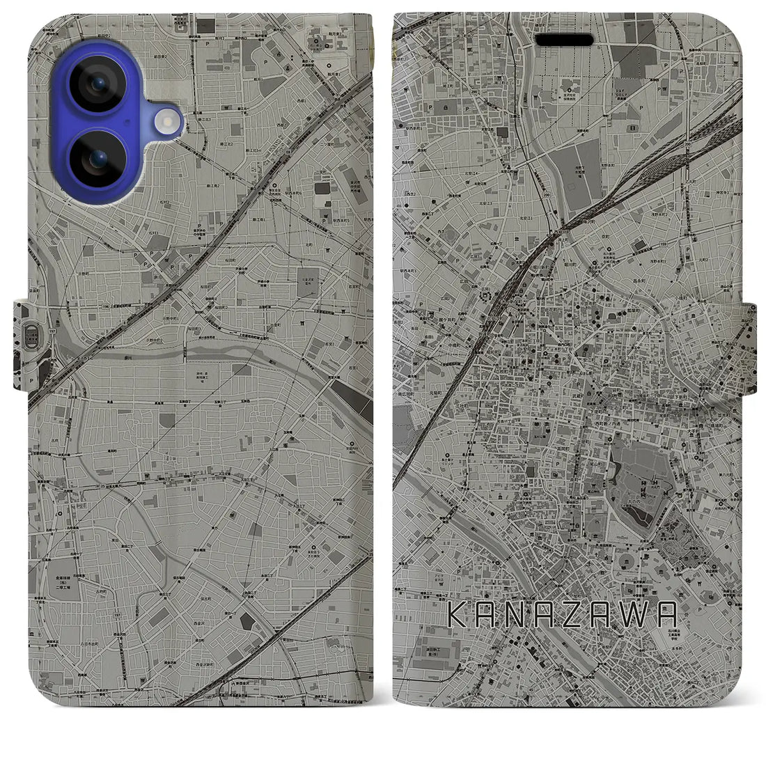 【金沢(石川県)】地図柄iPhoneケース(手帳タイプ)モノトーン・iPhone 16 Pro Max 用