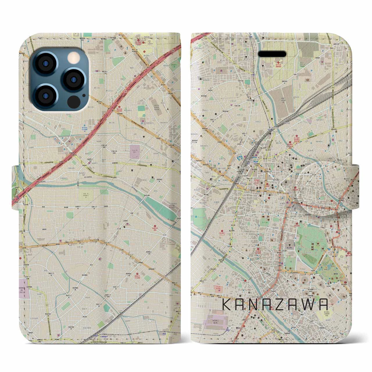 【金沢（石川県）】地図柄iPhoneケース（手帳タイプ）ナチュラル・iPhone 12 / 12 Pro 用