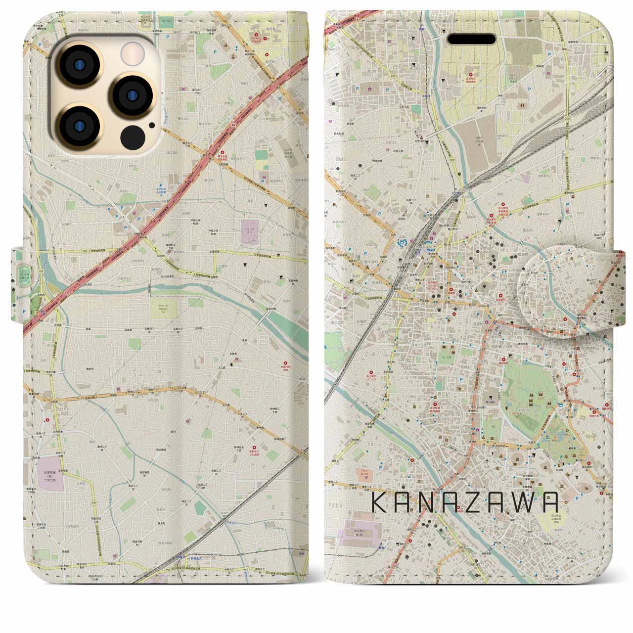 【金沢（石川県）】地図柄iPhoneケース（手帳タイプ）ナチュラル・iPhone 12 Pro Max 用