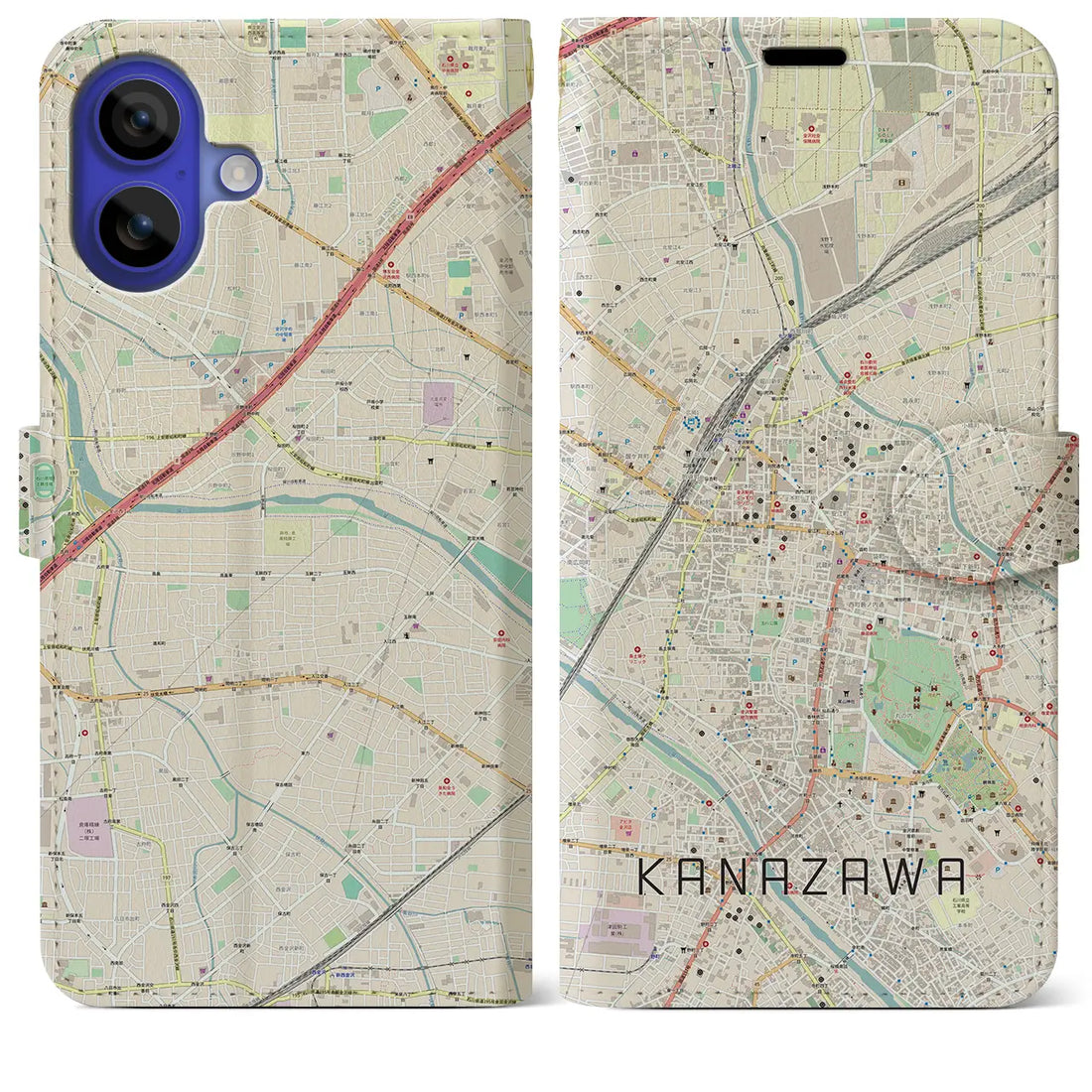 【金沢(石川県)】地図柄iPhoneケース(手帳タイプ)ナチュラル・iPhone 16 Pro Max 用