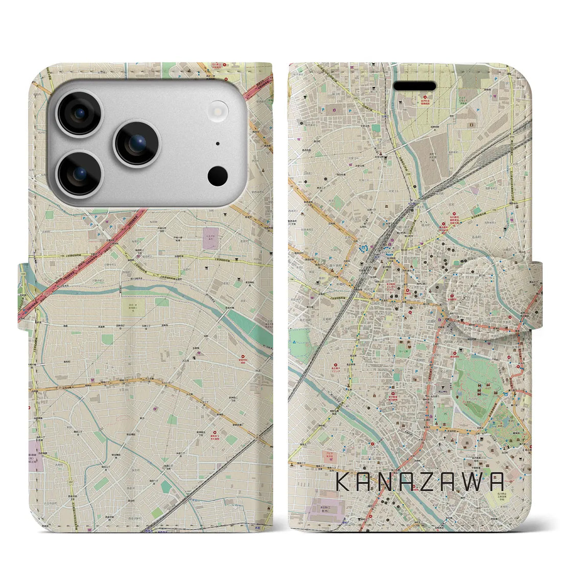 【金沢（石川県）】地図柄iPhoneケース（手帳タイプ）モノトーン・iPhone 17 Pro Max 用