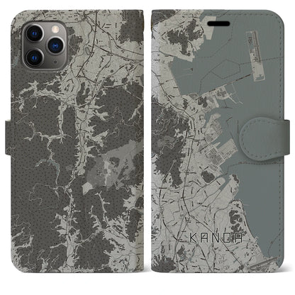 【苅田（福岡県）】地図柄iPhoneケース（手帳タイプ）モノトーン・iPhone 11 Pro Max 用