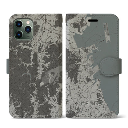 【苅田（福岡県）】地図柄iPhoneケース（手帳タイプ）モノトーン・iPhone 11 Pro 用