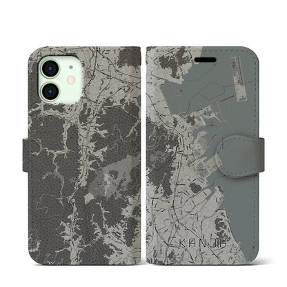 【苅田（福岡県）】地図柄iPhoneケース（手帳タイプ）モノトーン・iPhone 12 mini 用