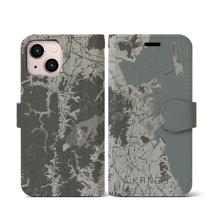 【苅田（福岡県）】地図柄iPhoneケース（手帳タイプ）モノトーン・iPhone 13 mini 用