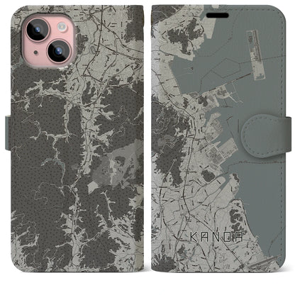 【苅田（福岡県）】地図柄iPhoneケース（手帳タイプ）モノトーン・iPhone 15 Plus 用