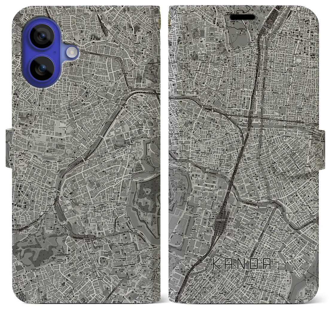 【神田(東京都)】地図柄iPhoneケース(手帳タイプ)モノトーン・iPhone 16 Pro Max 用