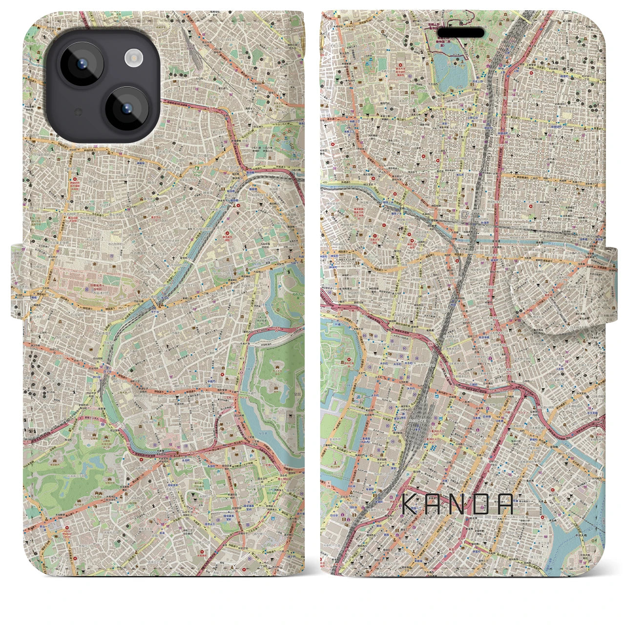 【神田（東京都）】地図柄iPhoneケース（手帳タイプ）ナチュラル・iPhone 14 Plus 用