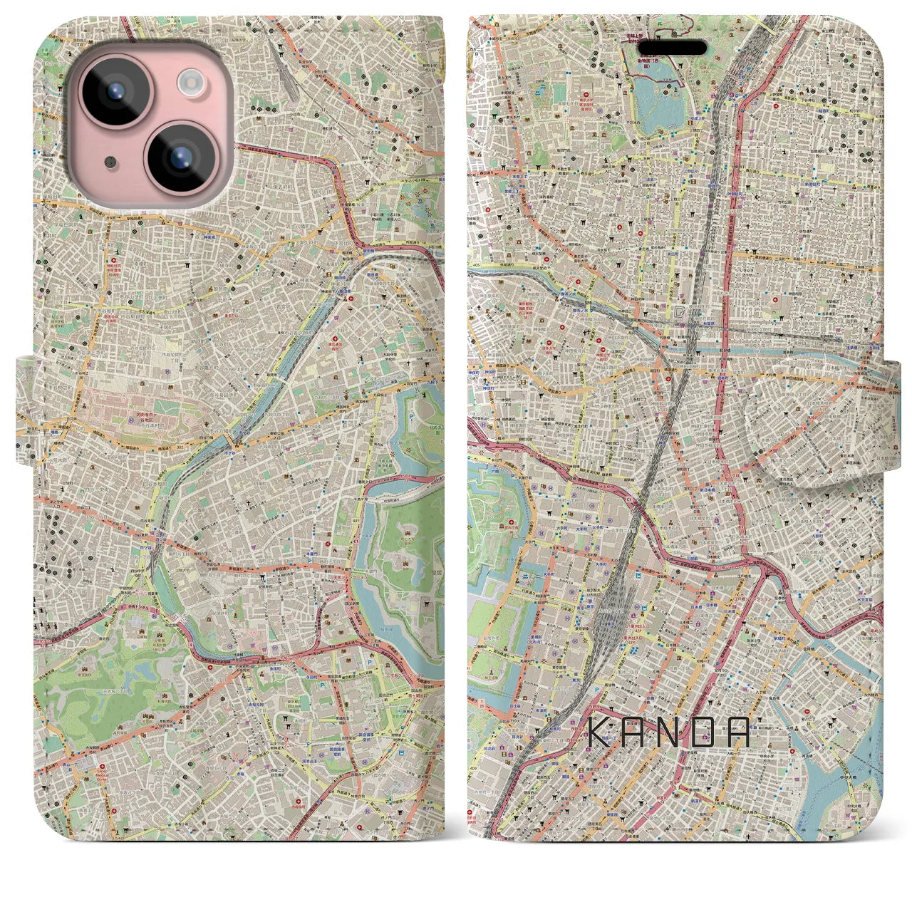 【神田（東京都）】地図柄iPhoneケース（手帳タイプ）ナチュラル・iPhone 15 Plus 用