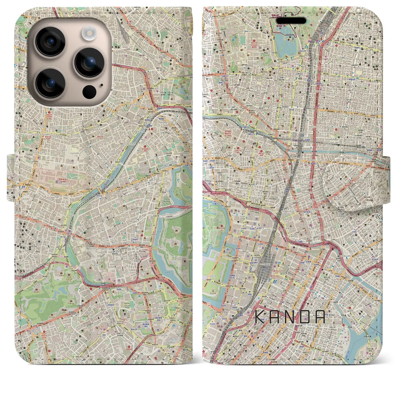 【神田（東京都）】地図柄iPhoneケース（手帳タイプ）ナチュラル・iPhone 16 Plus 用