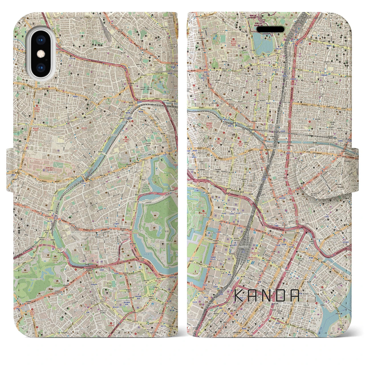 【神田（東京都）】地図柄iPhoneケース（手帳タイプ）ナチュラル・iPhone XS Max 用