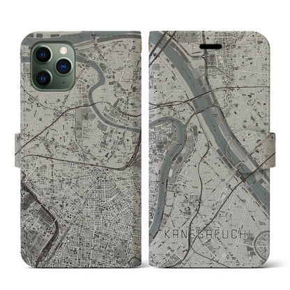 【鐘ヶ淵（東京都）】地図柄iPhoneケース（手帳タイプ）モノトーン・iPhone 11 Pro 用