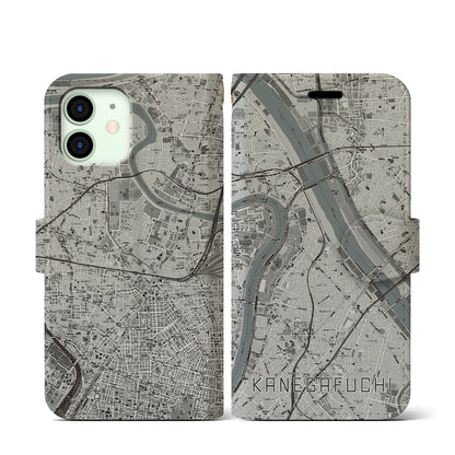 【鐘ヶ淵（東京都）】地図柄iPhoneケース（手帳タイプ）モノトーン・iPhone 12 mini 用