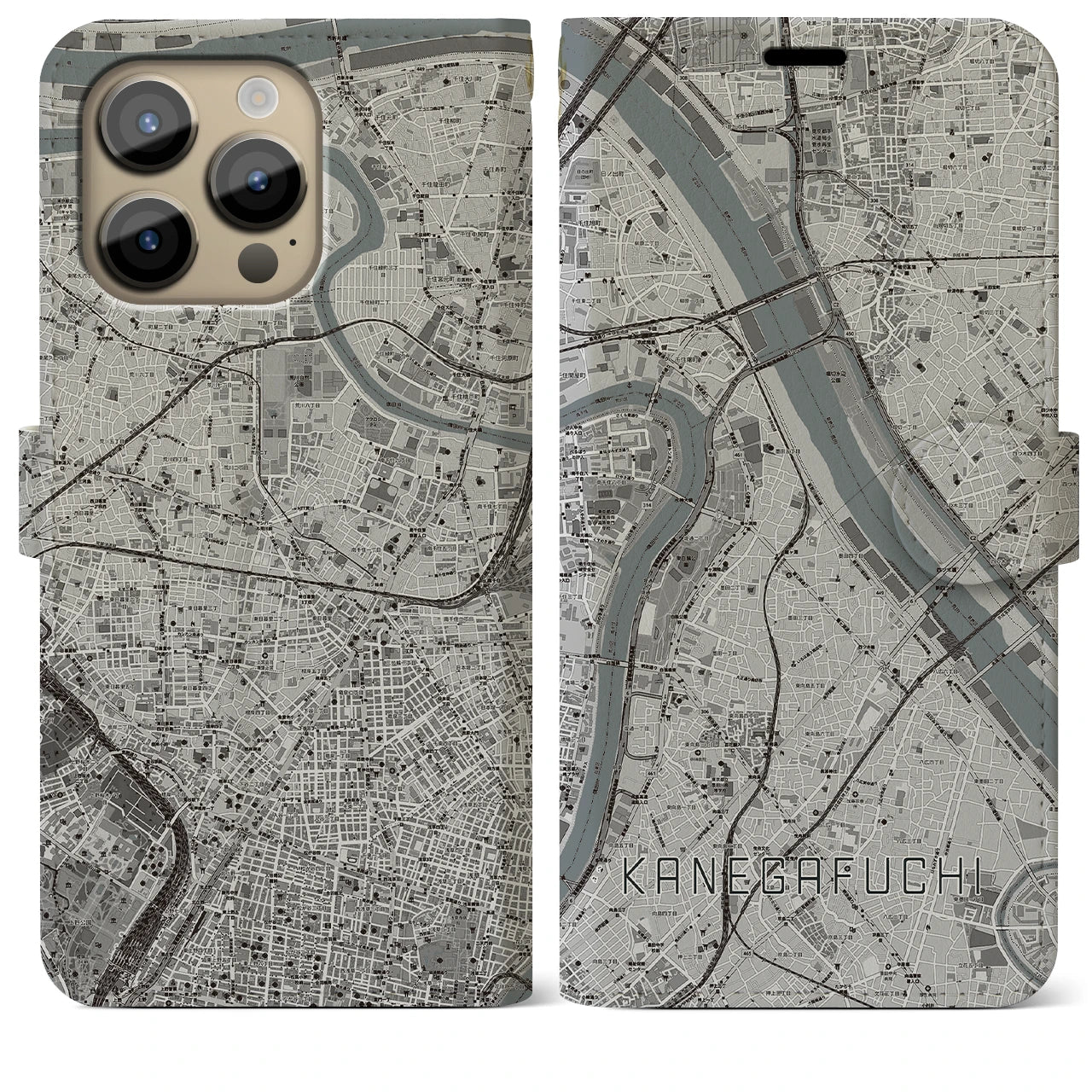 【鐘ヶ淵】地図柄iPhoneケース（手帳両面タイプ・モノトーン）iPhone 14 Pro Max 用