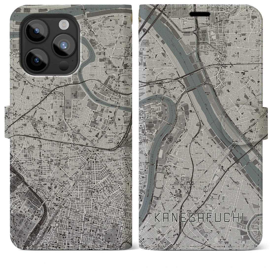 【鐘ヶ淵】地図柄iPhoneケース（手帳両面タイプ・モノトーン）iPhone 15 Pro Max 用