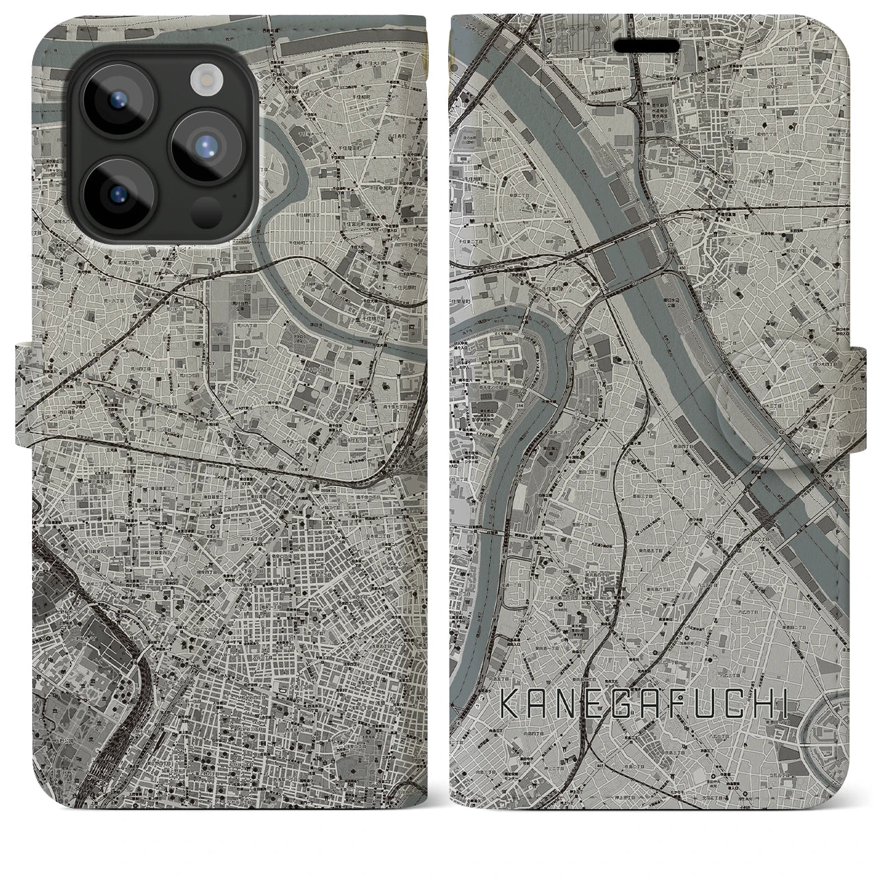 【鐘ヶ淵】地図柄iPhoneケース（手帳両面タイプ・モノトーン）iPhone 15 Pro Max 用
