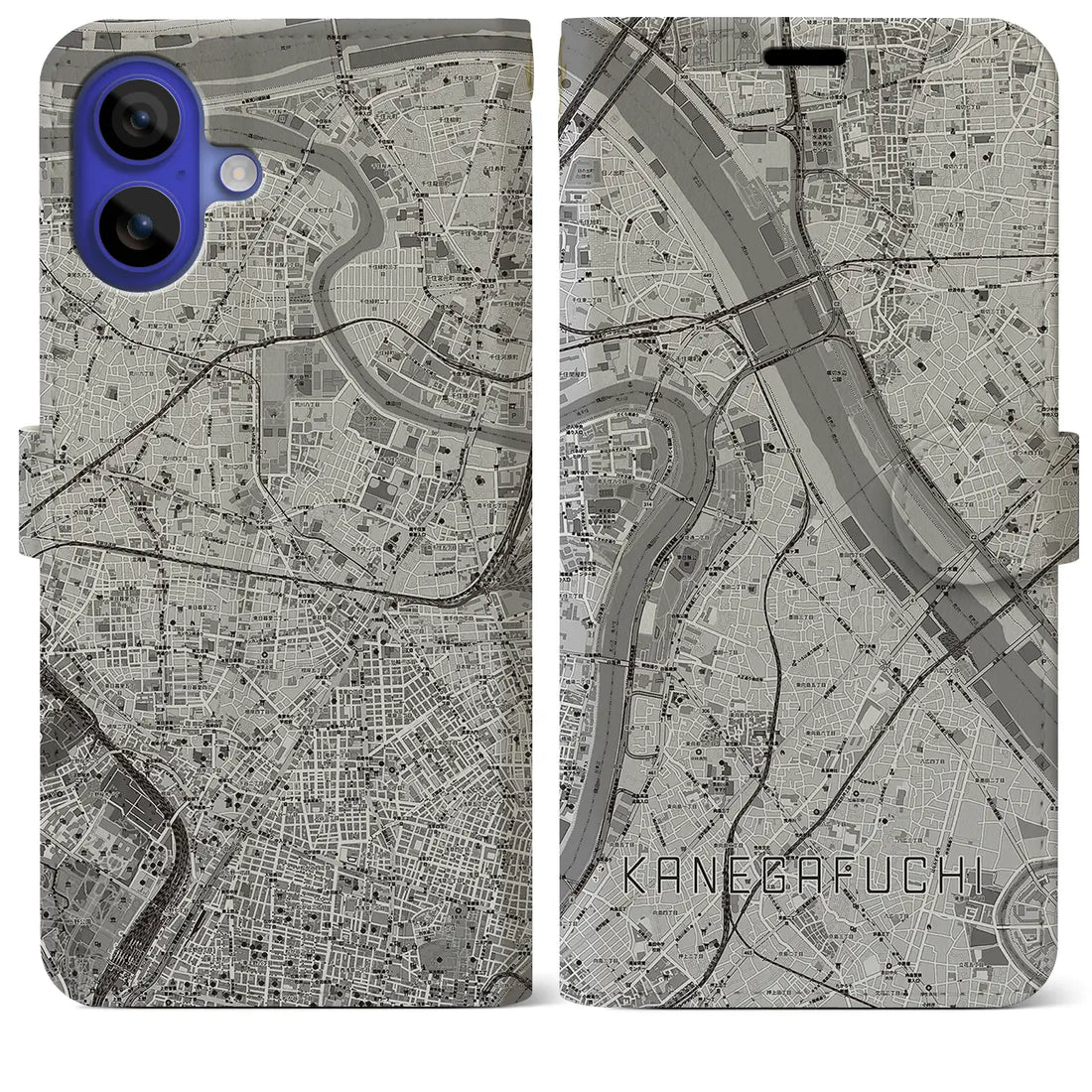 【鐘ヶ淵(東京都)】地図柄iPhoneケース(手帳タイプ)モノトーン・iPhone 16 Pro Max 用