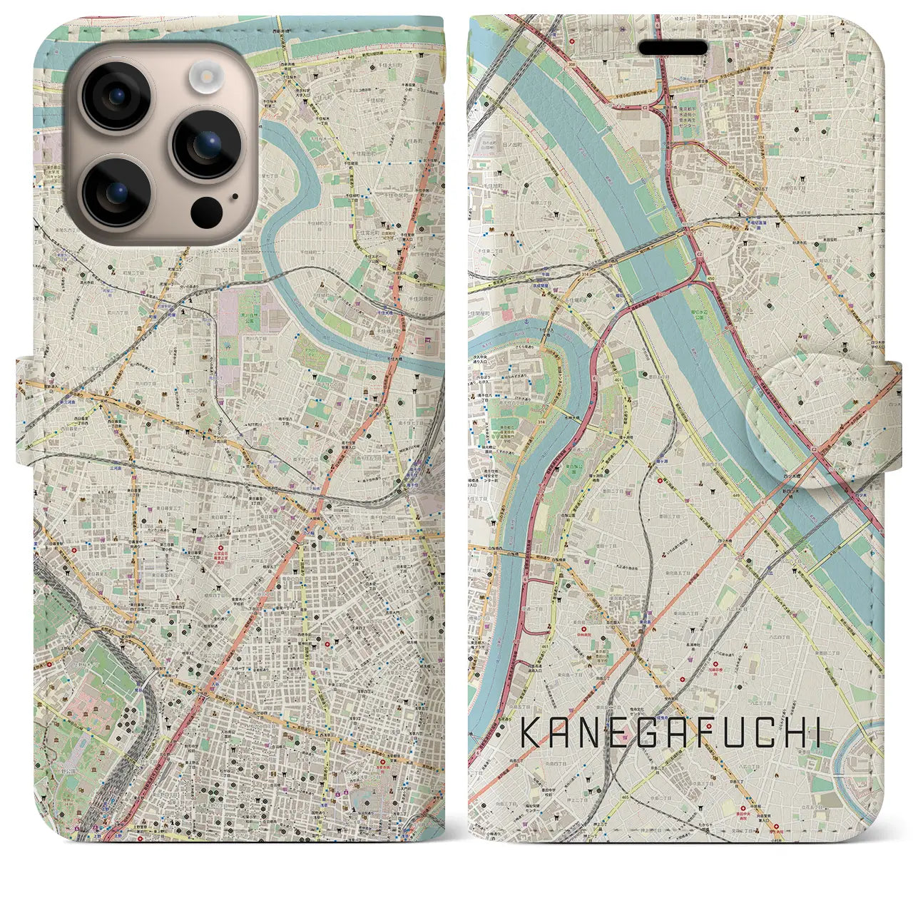 【鐘ヶ淵（東京都）】地図柄iPhoneケース（手帳タイプ）ナチュラル・iPhone 16 Plus 用