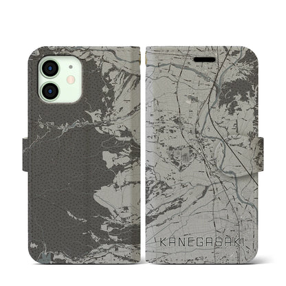 【金ケ崎（岩手県）】地図柄iPhoneケース（手帳タイプ）モノトーン・iPhone 12 mini 用