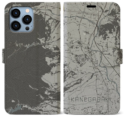 【金ケ崎（岩手県）】地図柄iPhoneケース（手帳タイプ）モノトーン・iPhone 13 Pro Max 用