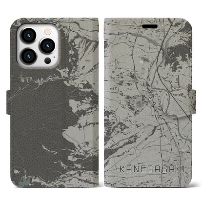 【金ケ崎（岩手県）】地図柄iPhoneケース（手帳タイプ）モノトーン・iPhone 13 Pro 用