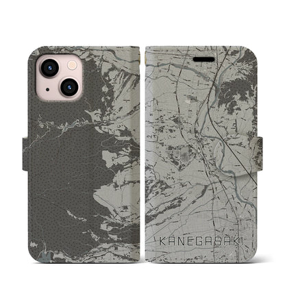 【金ケ崎（岩手県）】地図柄iPhoneケース（手帳タイプ）モノトーン・iPhone 13 mini 用