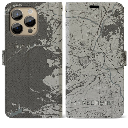 【金ケ崎（岩手県）】地図柄iPhoneケース（手帳タイプ）モノトーン・iPhone 14 Pro Max 用