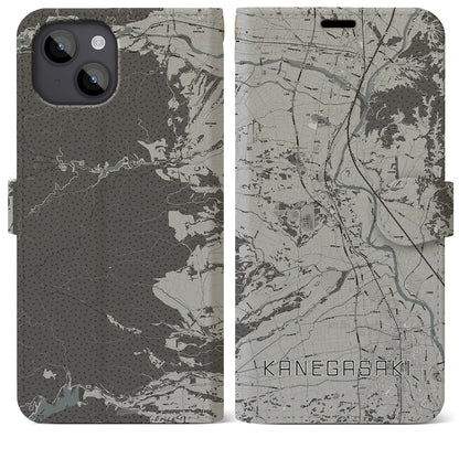 【金ケ崎（岩手県）】地図柄iPhoneケース（手帳タイプ）モノトーン・iPhone 14 Plus 用