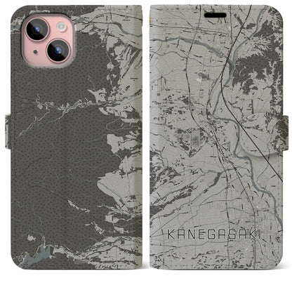 【金ケ崎（岩手県）】地図柄iPhoneケース（手帳タイプ）モノトーン・iPhone 15 Plus 用