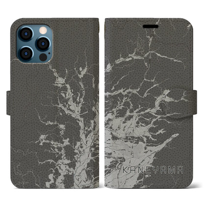 【金山（山形県）】地図柄iPhoneケース（手帳タイプ）モノトーン・iPhone 12 / 12 Pro 用