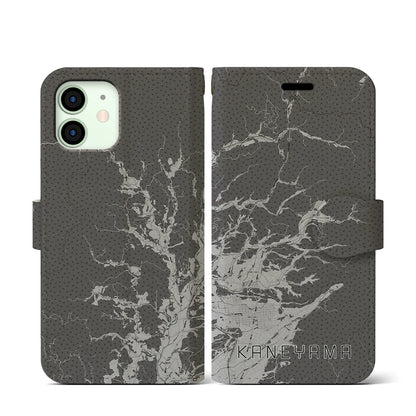 【金山（山形県）】地図柄iPhoneケース（手帳タイプ）モノトーン・iPhone 12 mini 用