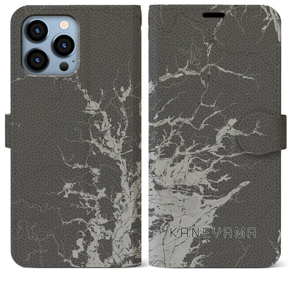 【金山（山形県）】地図柄iPhoneケース（手帳タイプ）モノトーン・iPhone 13 Pro Max 用